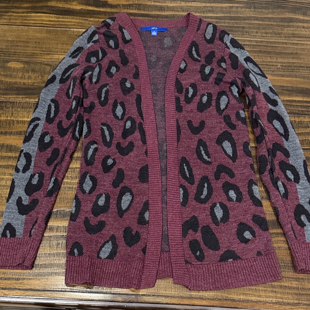 Burgundy and Gray Leopard Cardigan